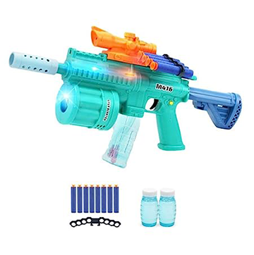 Bubble Gun with Soft Dart Blaster, 8 Music Tones & Light Bubble Blower with 2 Bottles of Bubble Solution (50ml), 8 Soft Bullets| 3 in 1 GunToy for Boys Girls