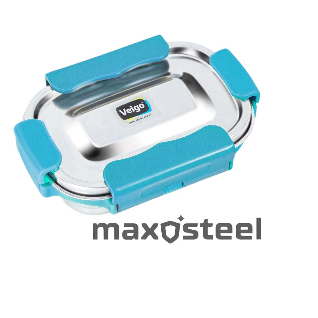 Veigo MaxoSteel Small Veg Box (200 ml) with Reverse Clip Mechanism & Silicon Ring, Aqua Blue