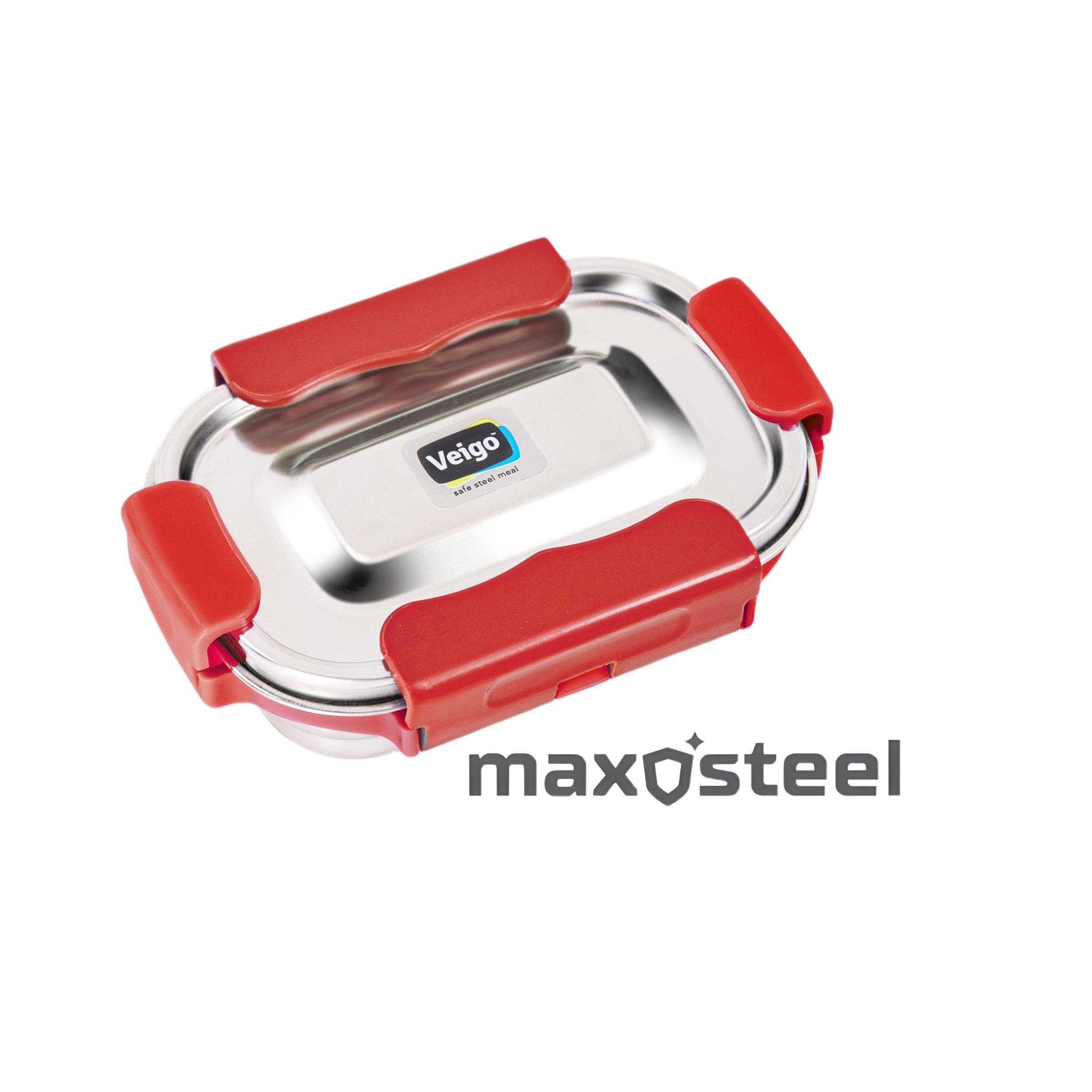 Veigo MaxoSteel Small Veg Box (200 ml) with Reverse Clip Mechanism & Silicon Ring, Red