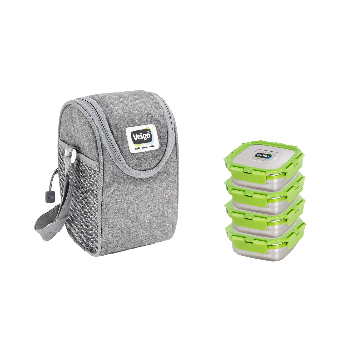 Veigo LunchBoss Combo- 4 Stainless Steel Leakproof Lunch Box Set (330ml + 330ml + 330ml + 330ml) with Insulated Lunch Bag, Suitable for Office, Green