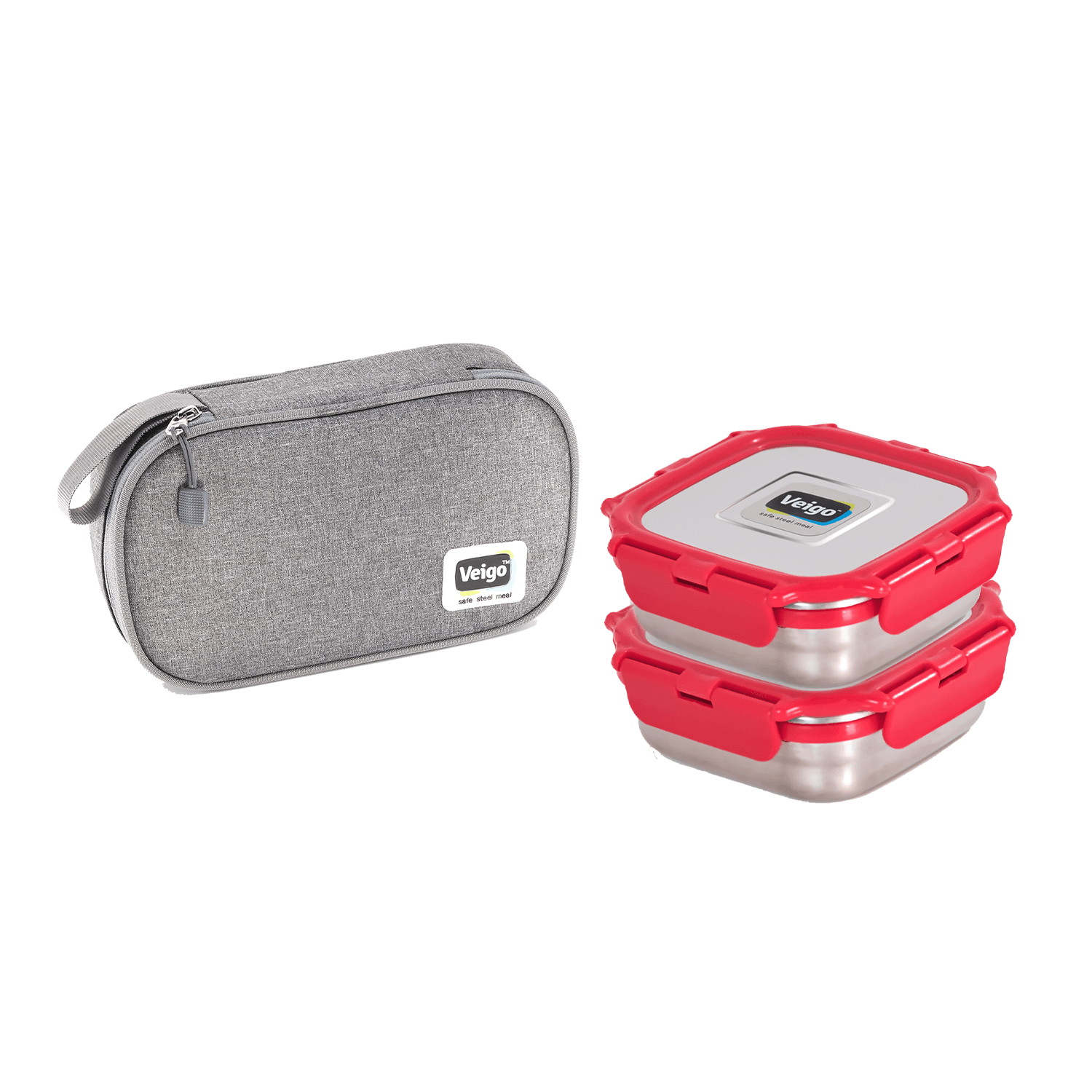 Veigo Daily Combo- 2 Stainless Steel Leakproof & Airtight Lunch Boxes(330 Ml+ 330 Ml) with Flat Insulated Bag, Suitable for School Kids, Red