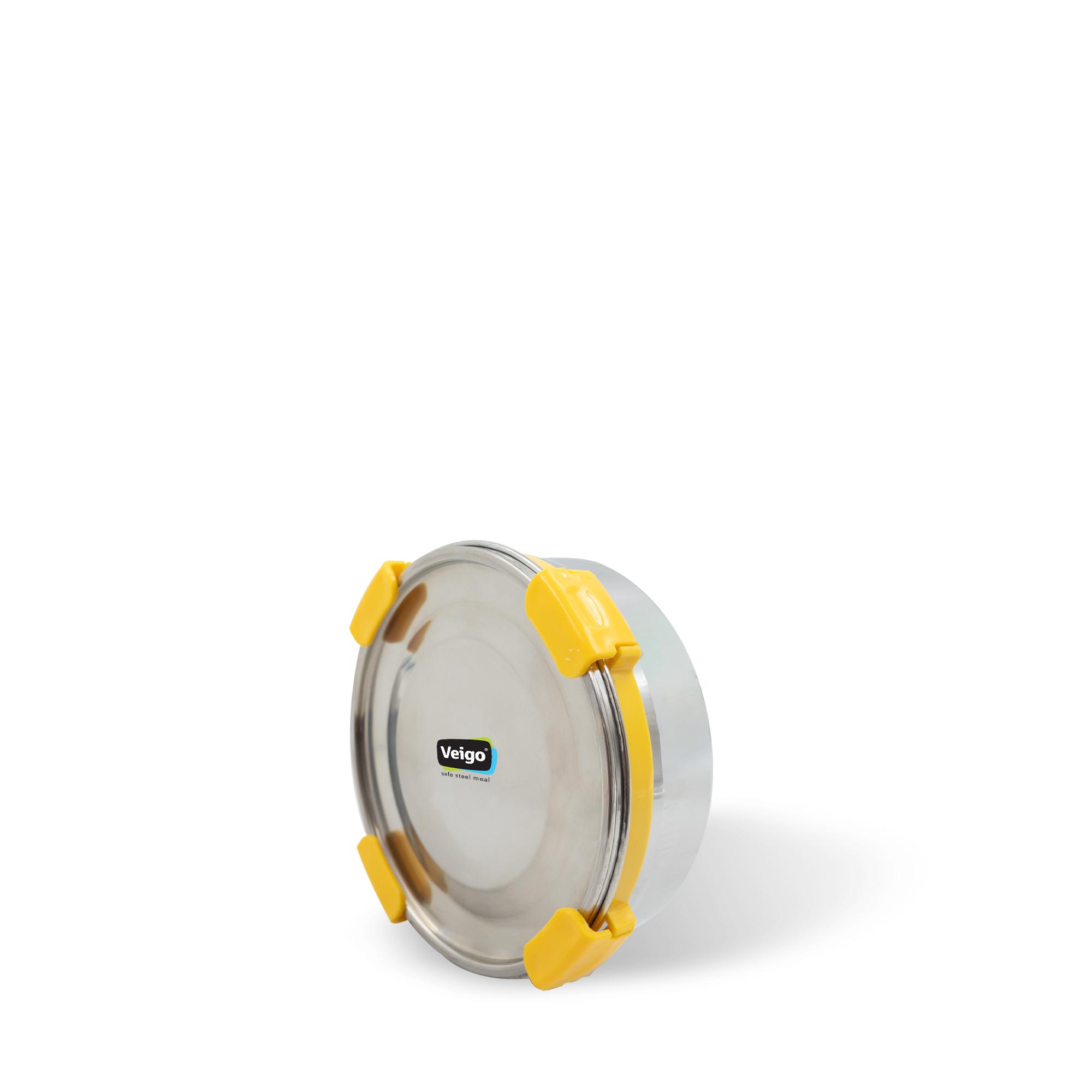 Veigo MaxoSteel Round Stainless Steel Airtight & Leakproof Lunch Box with Silicon Ring & Lid Lock, 700 Ml,ellow