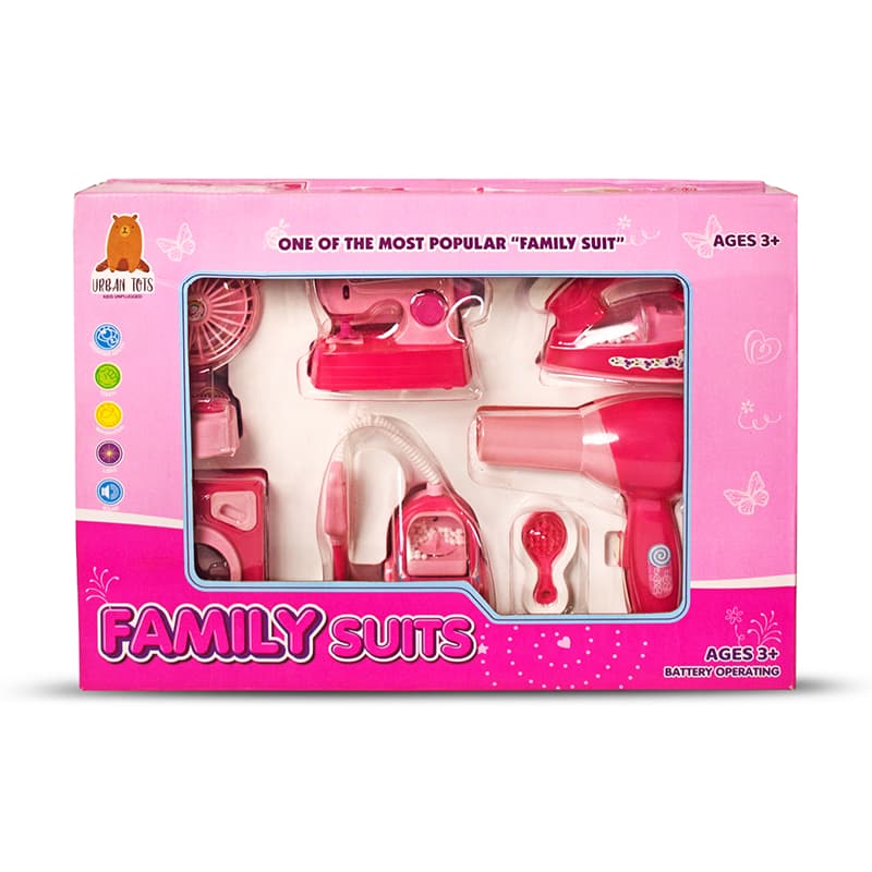 ILEARNNGROW Family Suits Battery Operated Household appliances Play Set with Light & Sound | Washing Machine, Sewing Machine, Vacuum Cleaner, Fan, Hair Dryer & Iron (Toy for Girls)