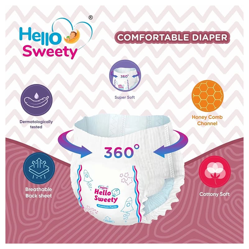 Unijoy Hello Sweety Baby Diaper Pants-Fast Absorption & Cottony Soft Feel | Pack of 1 - XL (48 Pieces)
