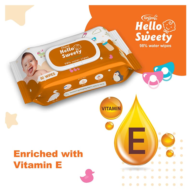 UNIJOY Hello Sweety Baby Wet Wipe Enriched with Vitamin E (Orange)(Pack of 1)