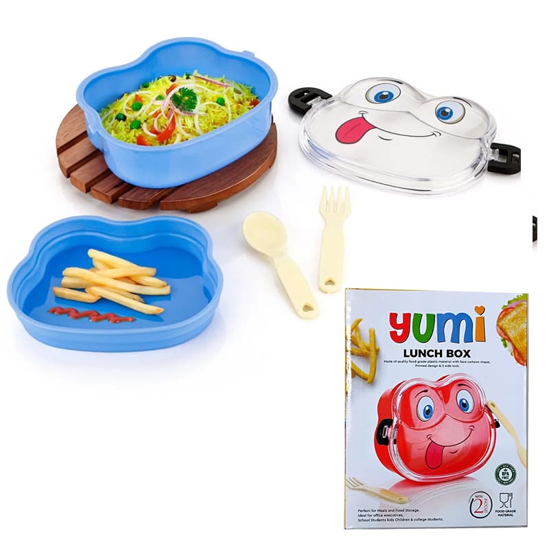 Cartoon Face Printed Lunch Box with 2 Side Lock (Blue)