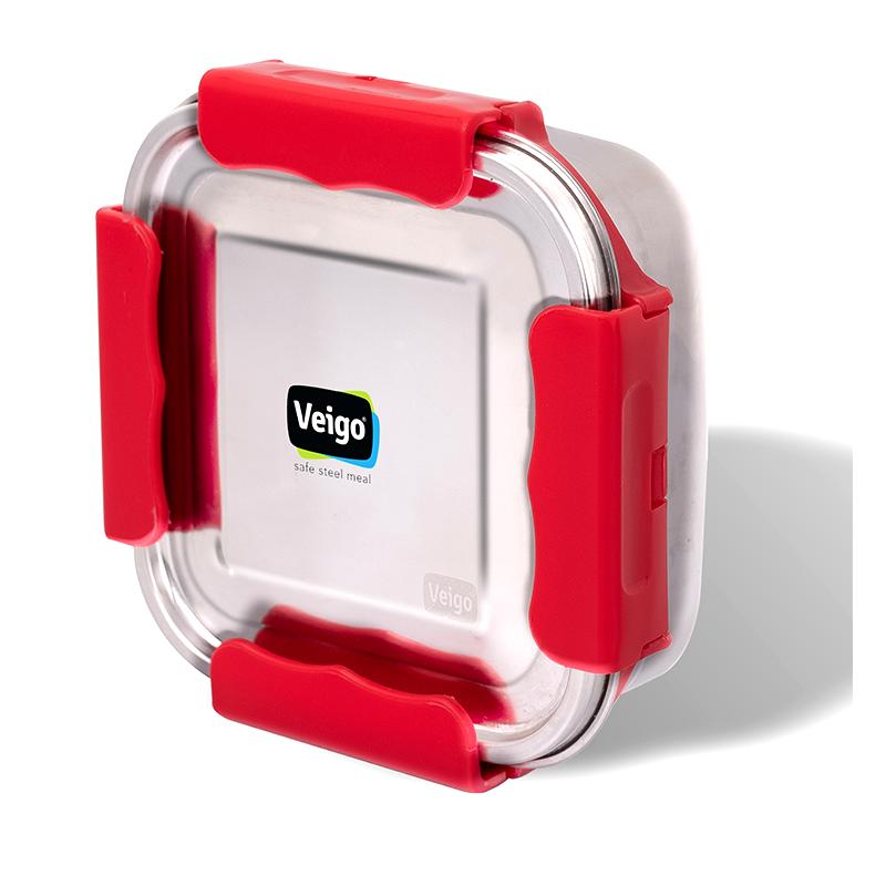 Veigo MaxoSteel Medium Leakproof & Airtight Lunch Box with Reverse Clip Mechanism (450ml), Red