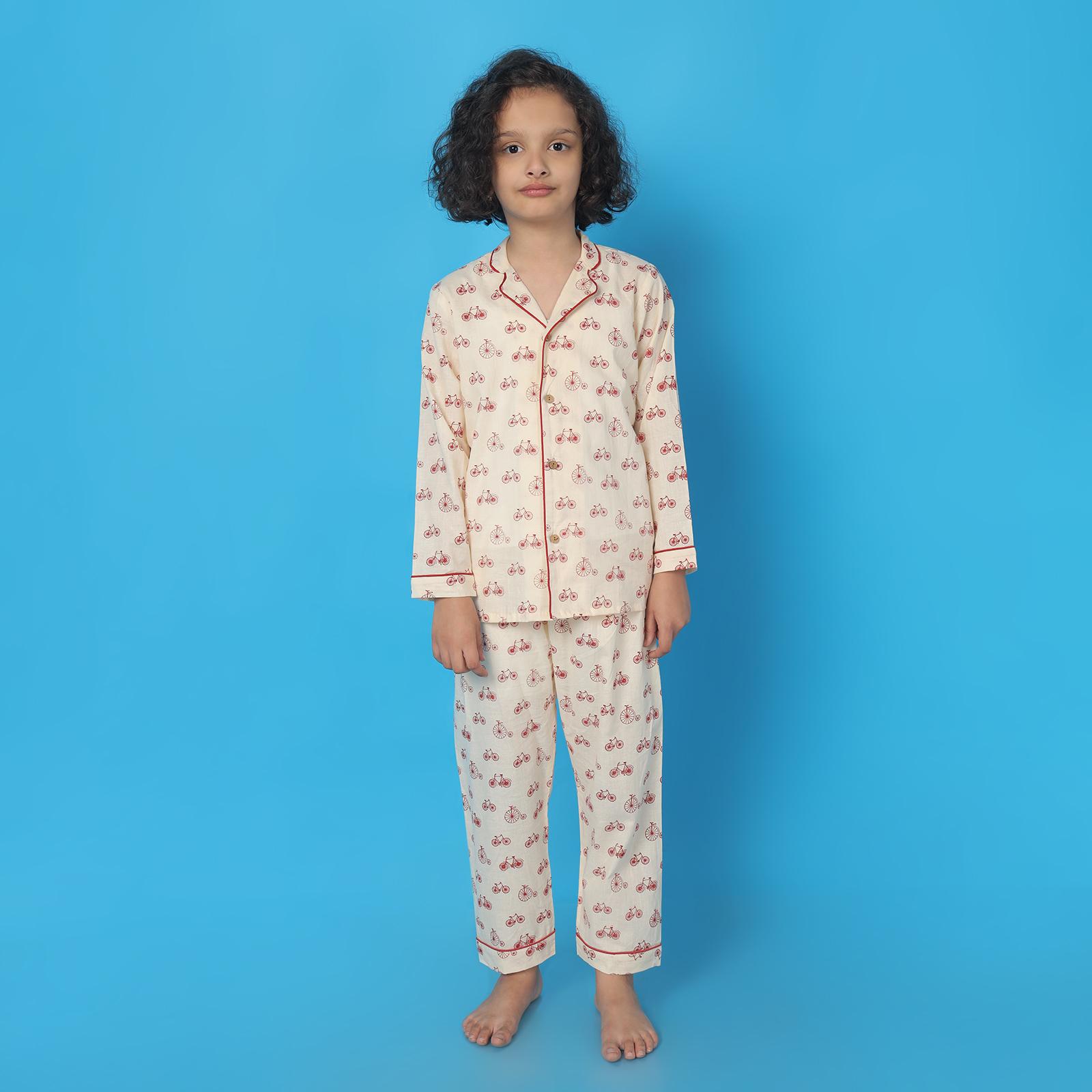 Kids Cotton Cycle Print Nightsuit – Cream Full Sleeves Shirt & Pant Co-ord Set | Nightwear | BREATHABLES