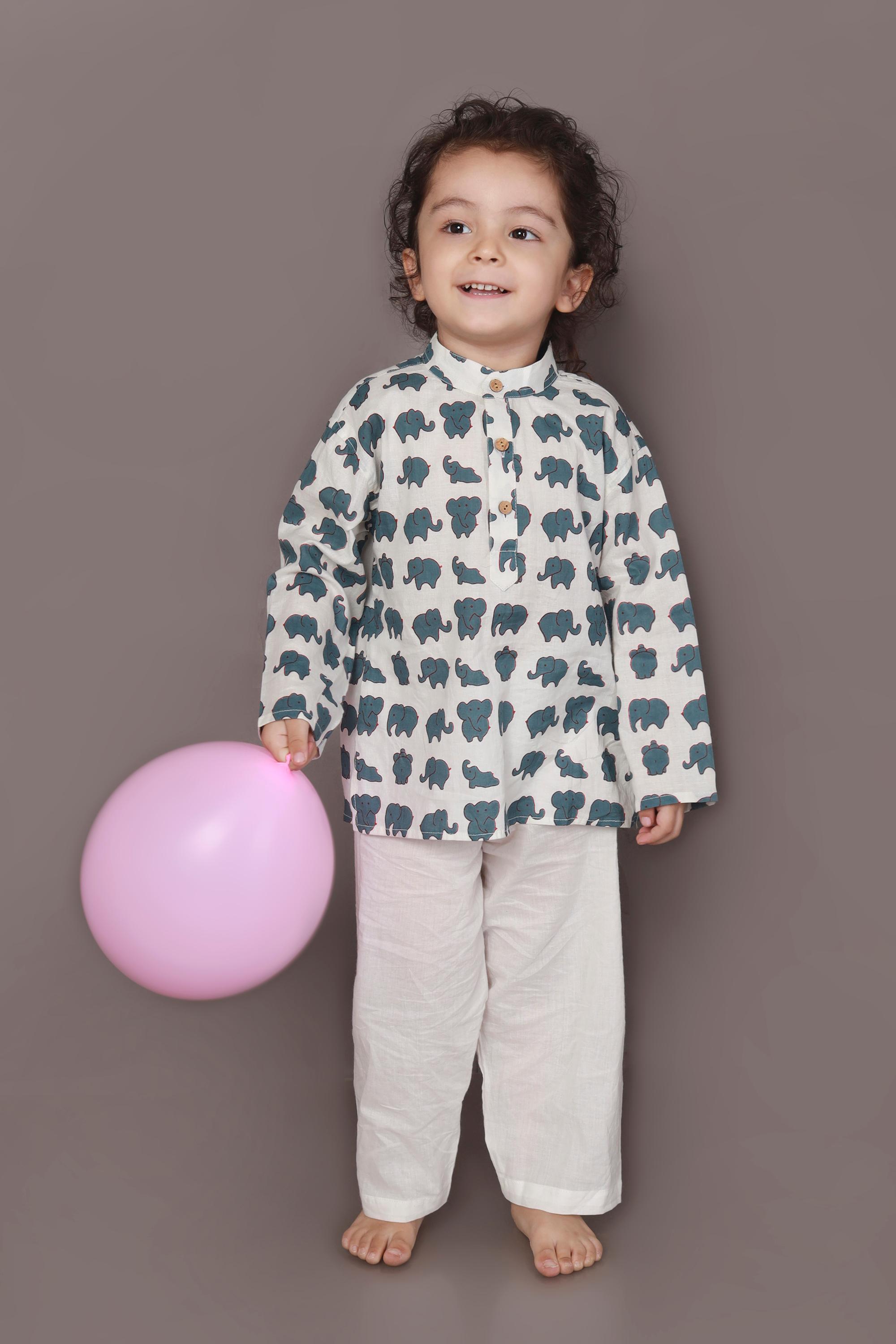 Kids Cotton Nightsuit – White Elephant Print Kurta & Pyjama Co-ord Set for Boys & Girls | BREATHABLES