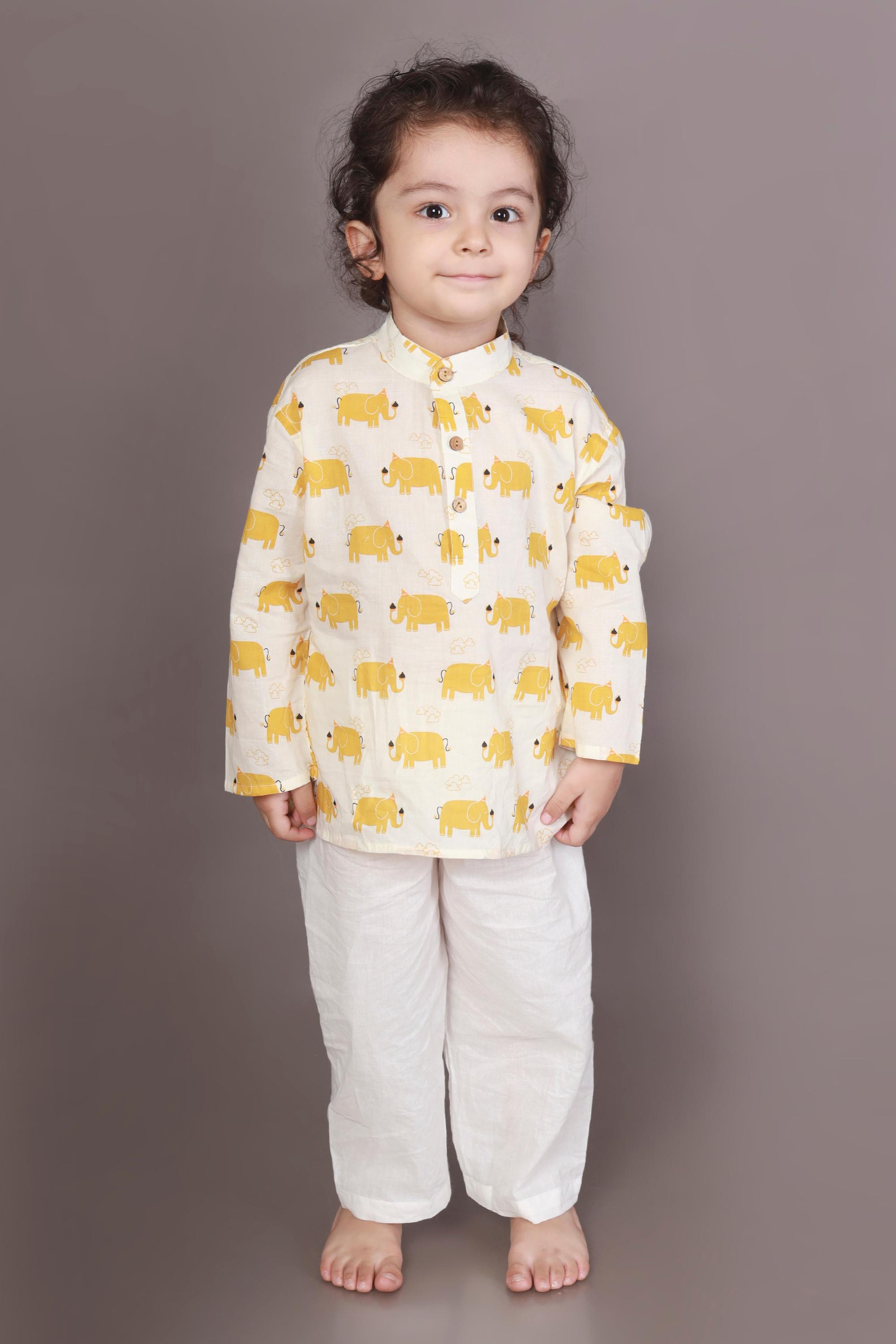 Kids Cotton Nightsuit – Yellow Elephant Print Kurta & Pyjama Co-ord Set for Boys & Girls | BREATHABLES