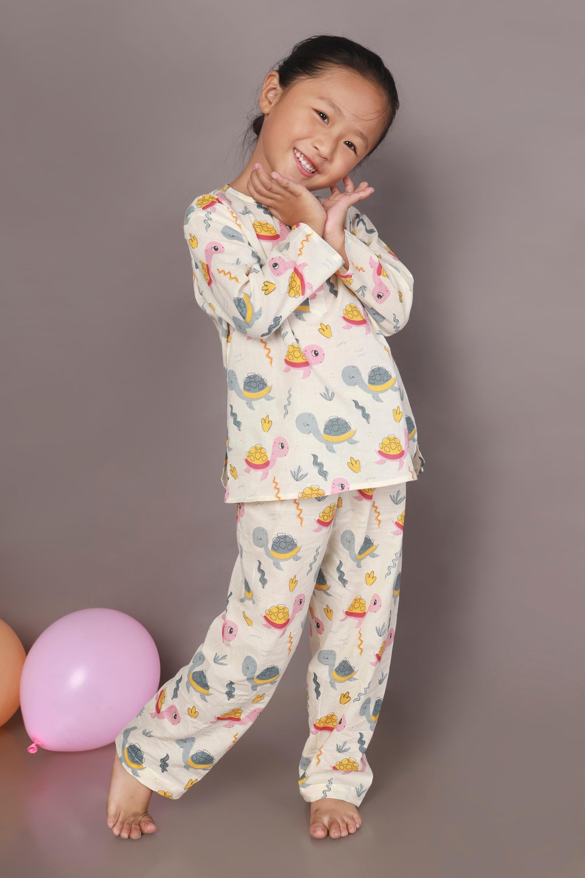 Kids Cotton Turtle Print Co-ord Nightsuit – White & Multi-Color | BREATHABLES
