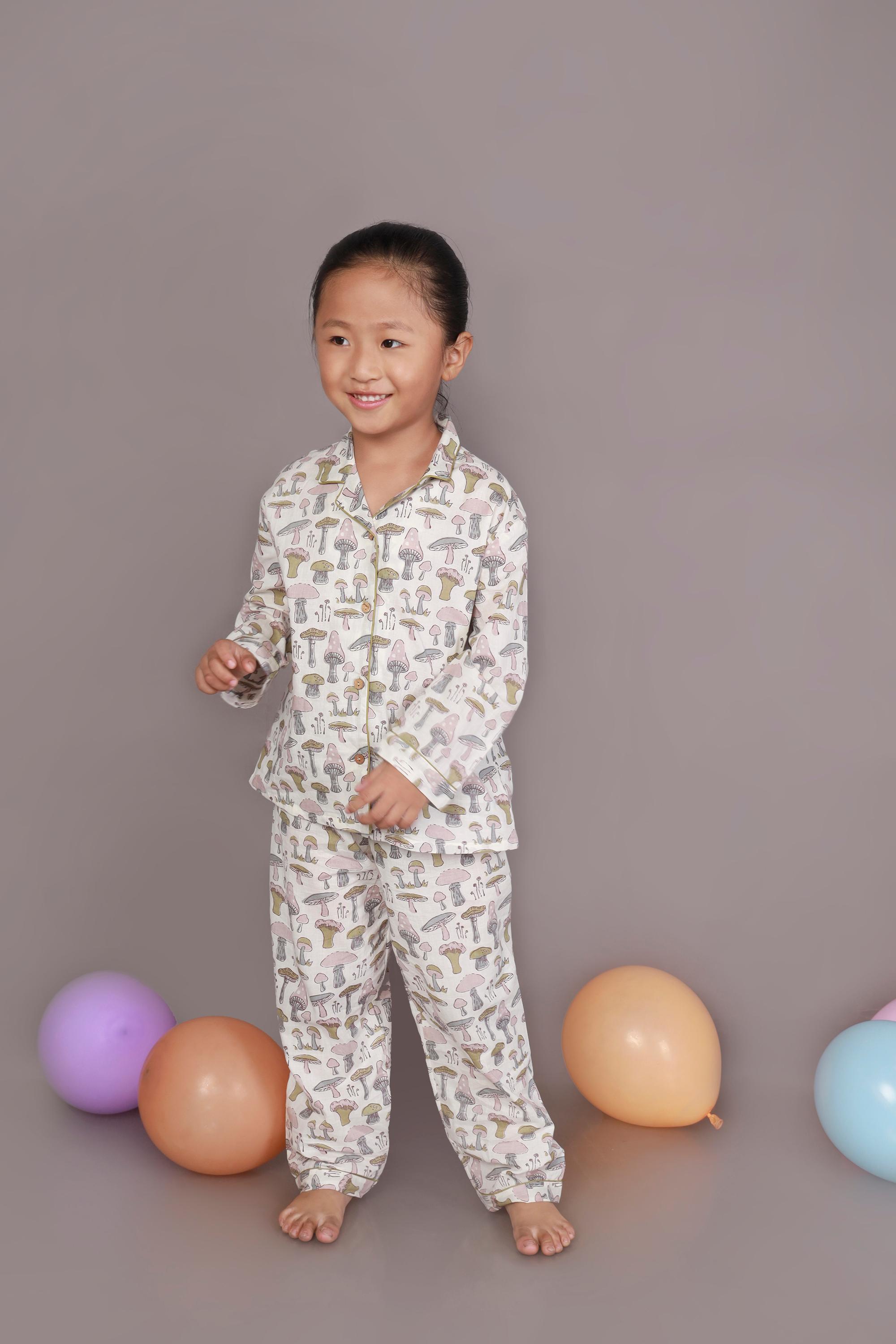 Kids Cotton White Mushroom Print Shirt & Pyjama Unisex Nightsuit | BREATHABLES