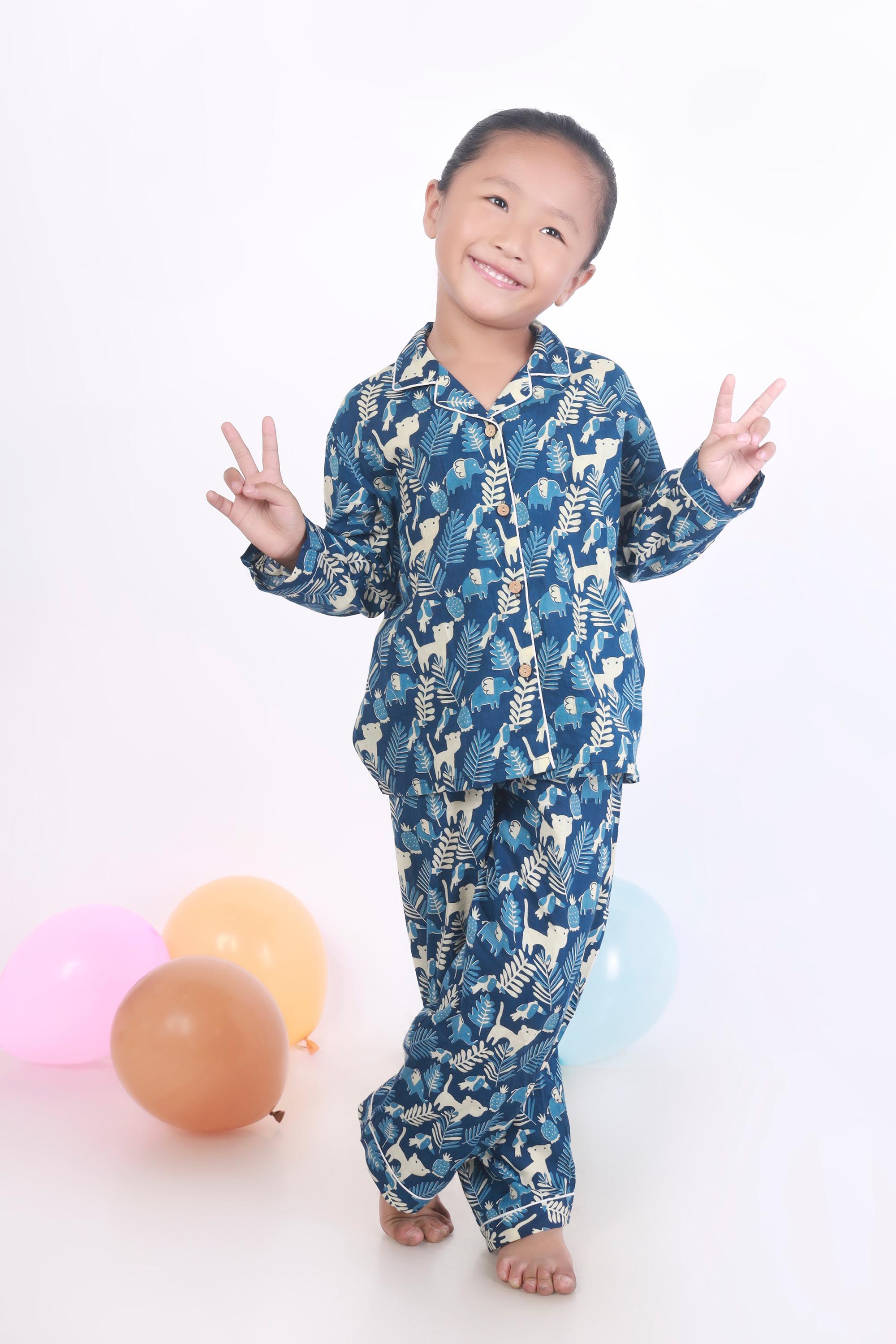 Kids Cotton Nightsuit – Blue Jungle Print Shirt & Pyjama Co-ord Set for Boys & Girls | BREATHABLES