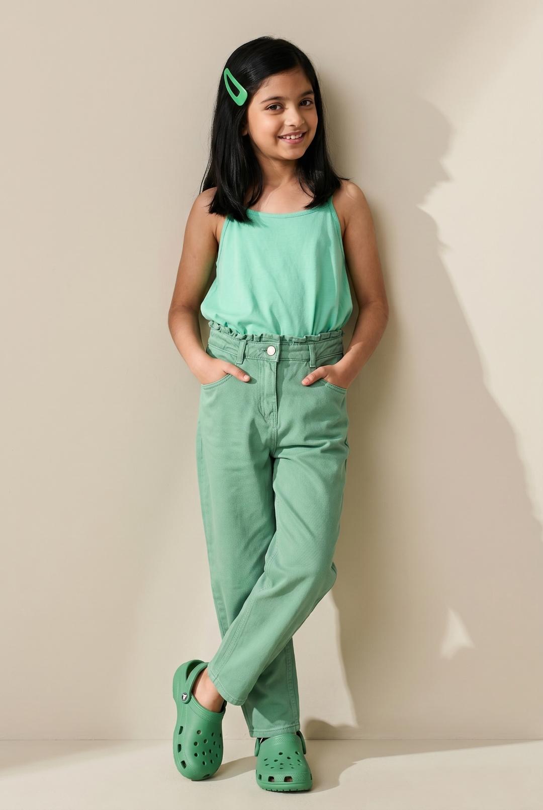 TALES & STORIES Girls Green Regular Fit Mid-Rise Clean Look Cotton Jeans