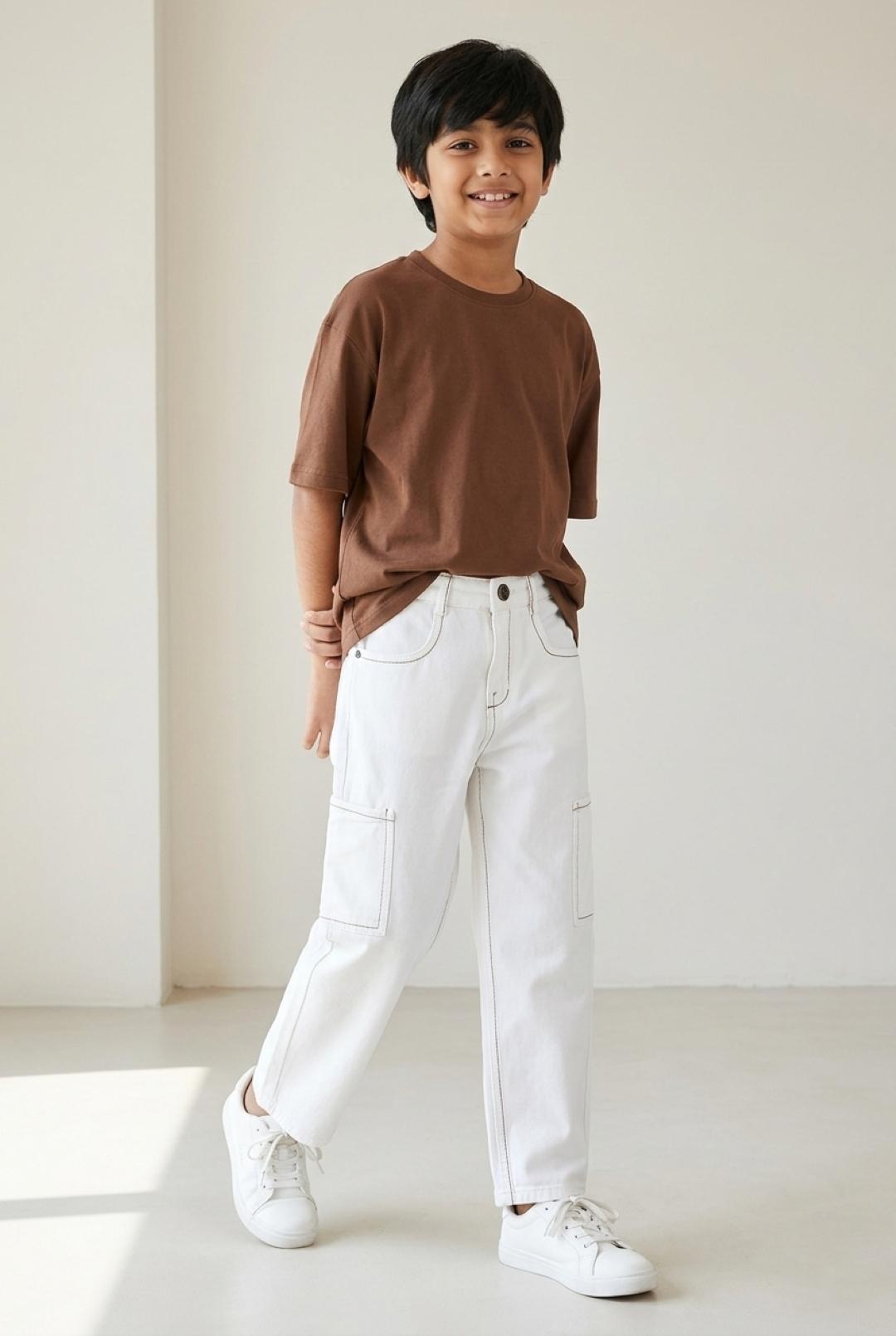 TALES & STORIES Boys White Mid-Rise Stretchable Barrel Fit Cotton Jeans