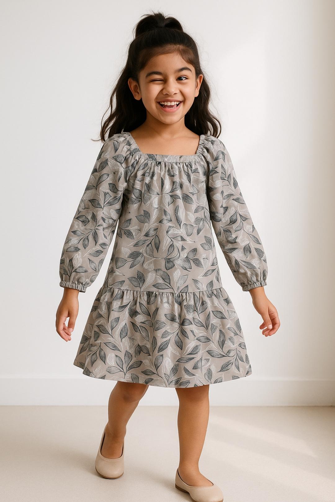 TALES & STORIES Beige Floral Square Neck Long Puff Sleeves A-Line Dress