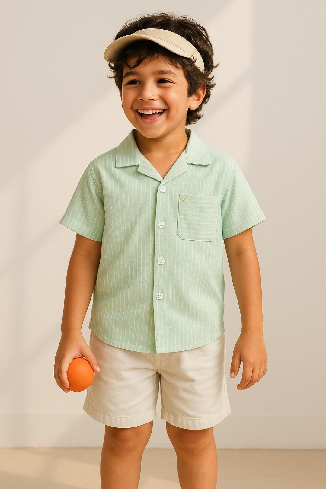 TALES & STORIES Boys Green Cotton Striped Casual Shirts