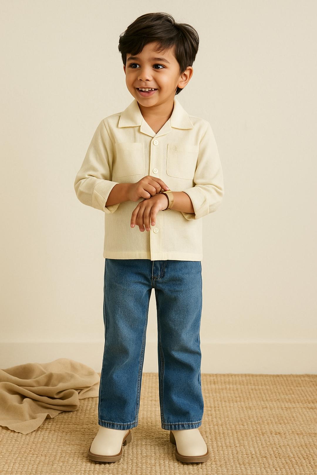 TALES & STORIES Boys Cream Cotton Solid Casual Shirts