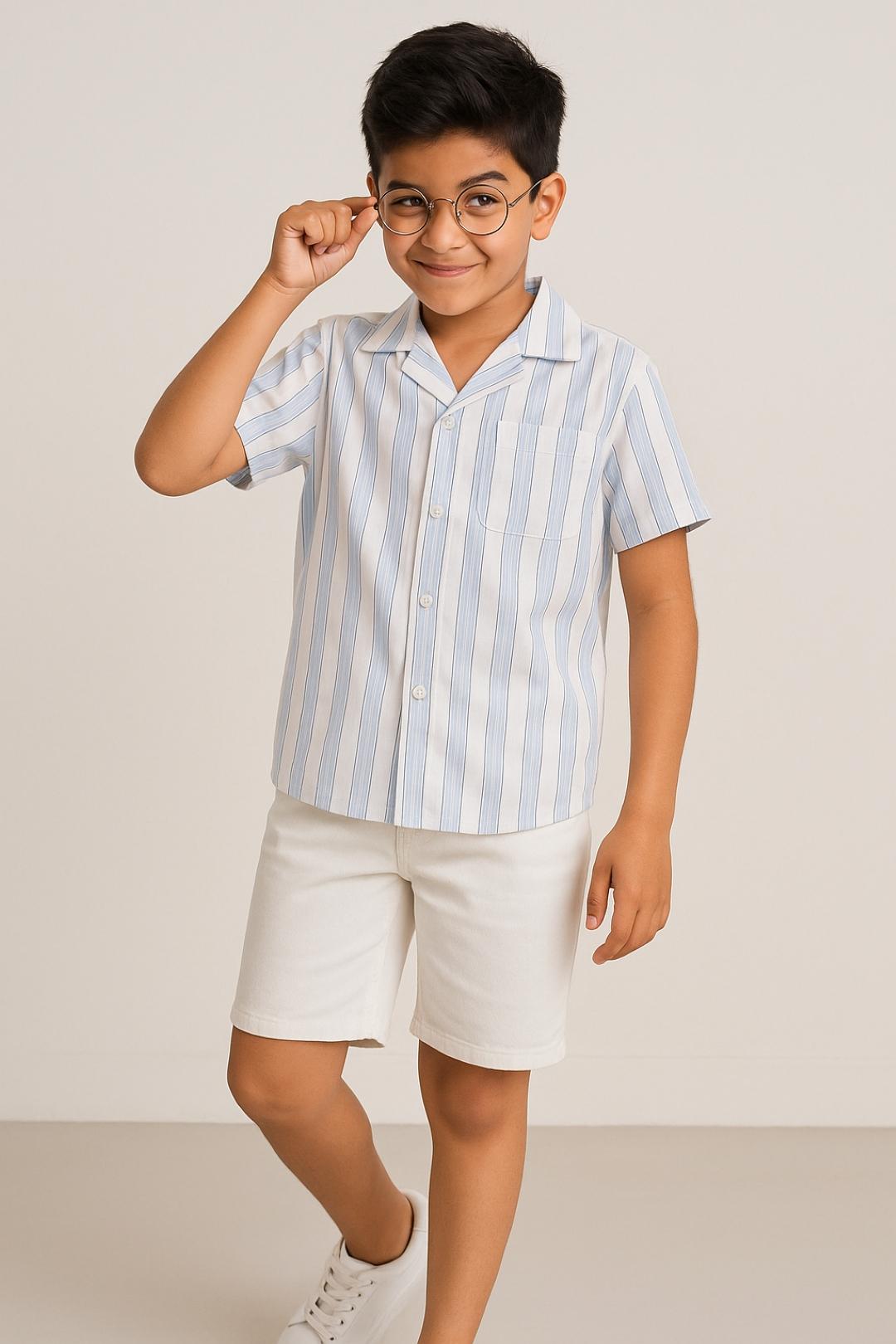 TALES & STORIES Boys Cuban Collar Vertical Striped Cotton Casual Shirt