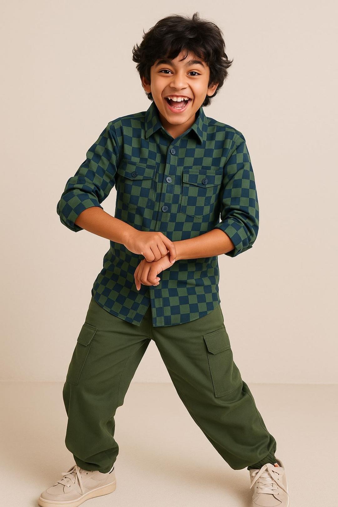 TALES & STORIES Boys Green Checked Cotton Casual Shirts