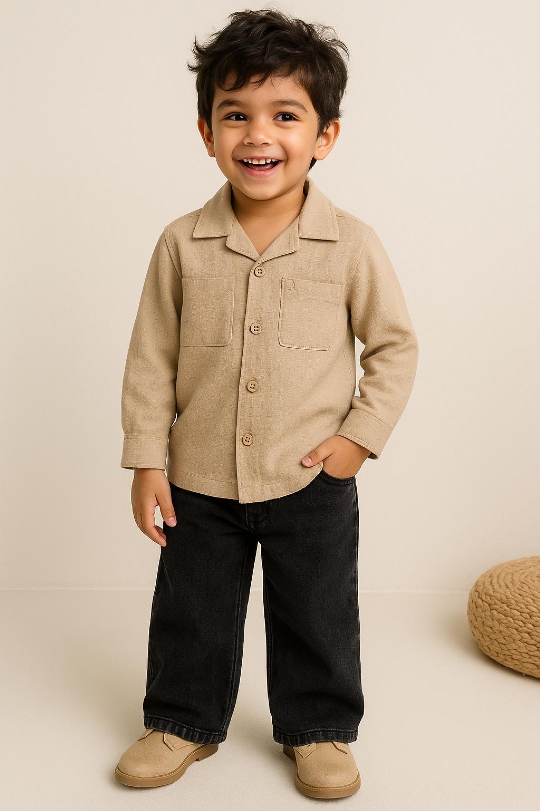 TALES & STORIES Boys Beige Cotton Solid Casual Shirts