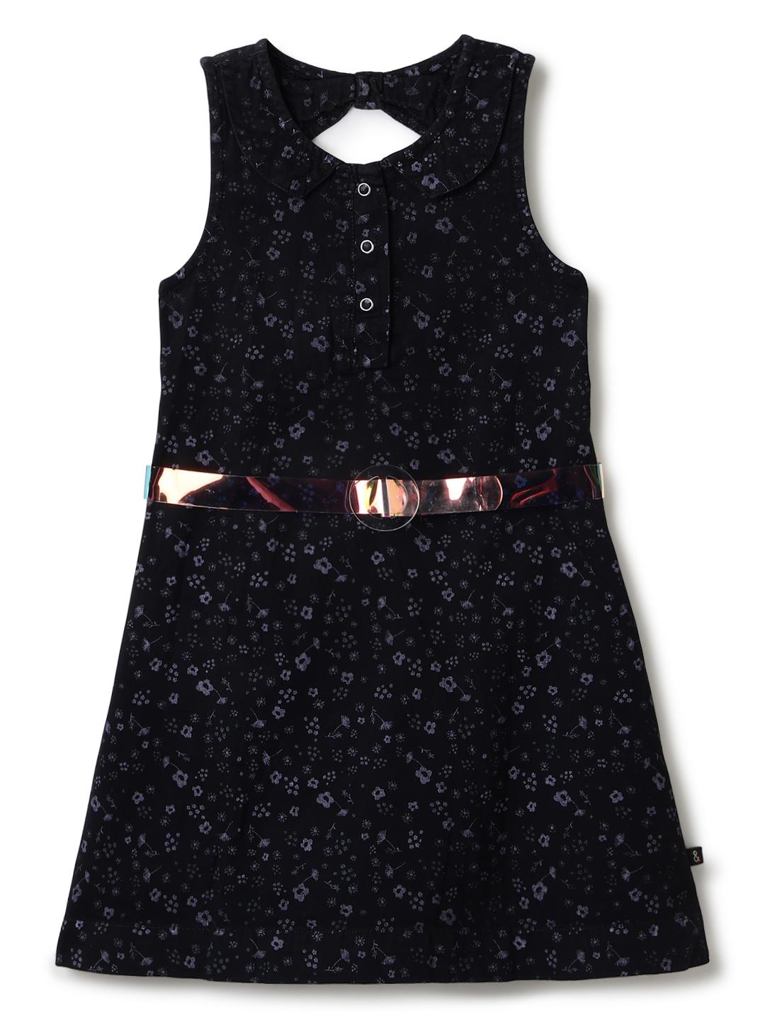 TALES & STORIES Black Printed Cotton A-Line Dress