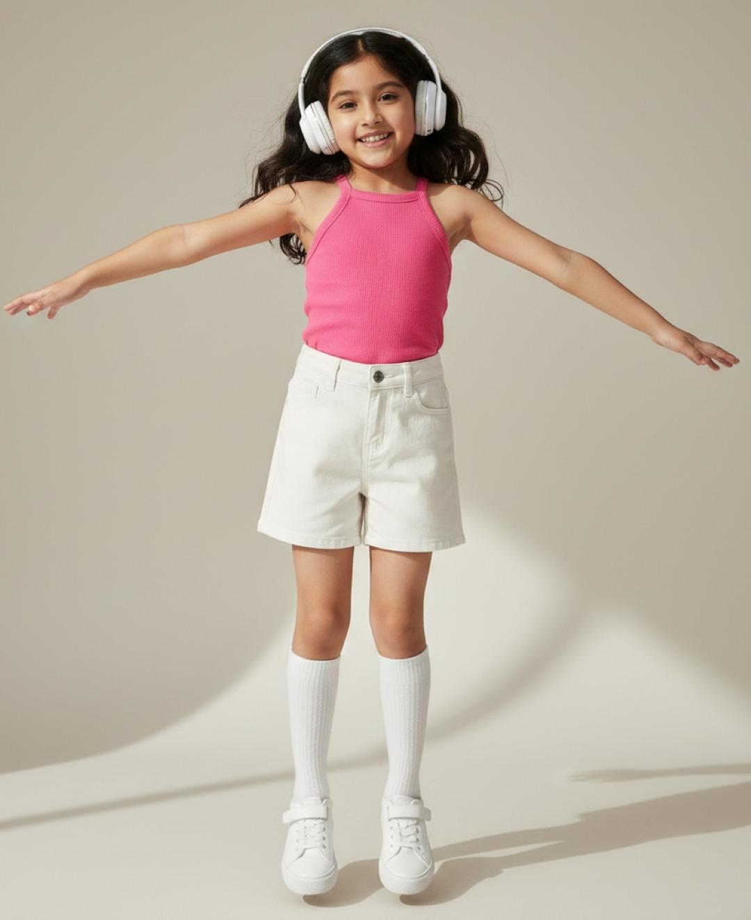 TALES & STORIES Girls White Regular Fit Mid-Rise Above Knee Solid Denim Shorts