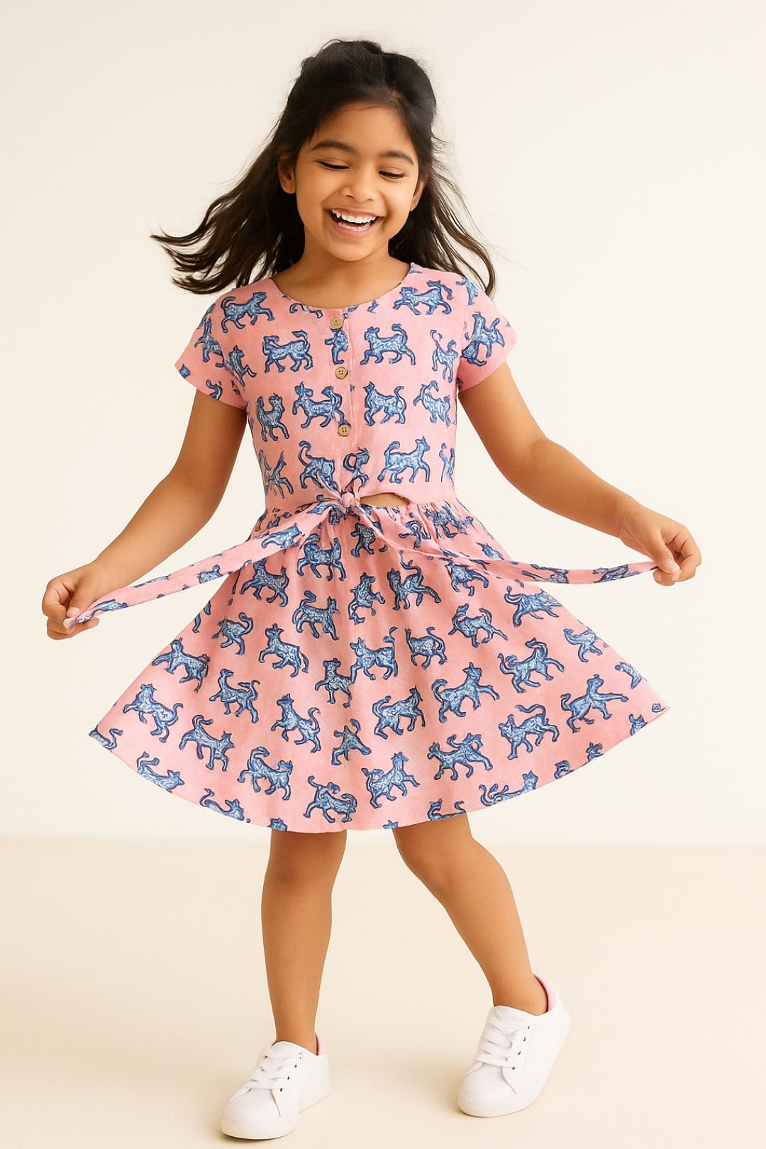 TALES & STORIES Girls Pink & Blue Printed Rayon A-Line Dress