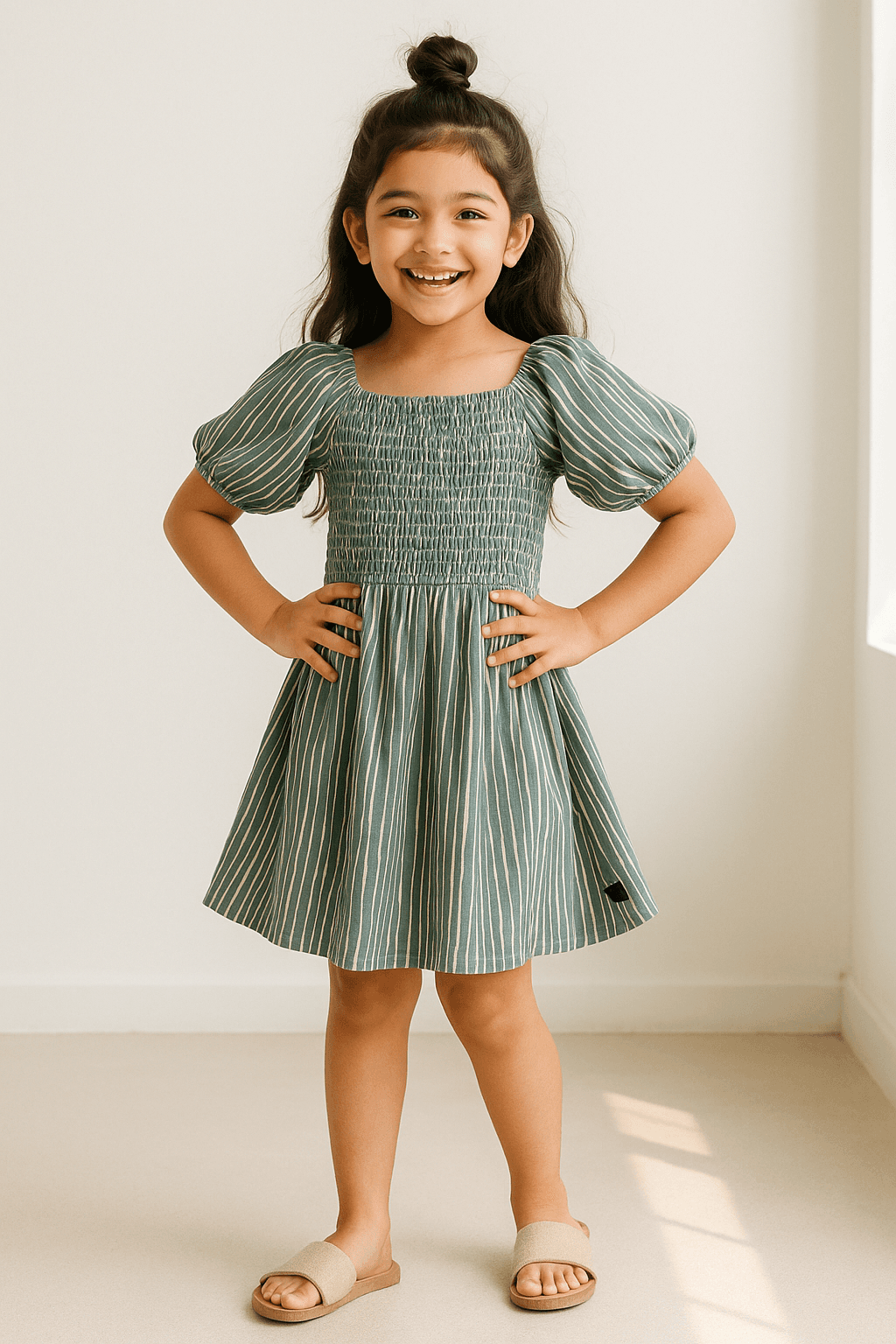 TALES & STORIES Girls Striped Puff Sleeve Fit & Flare Dress
