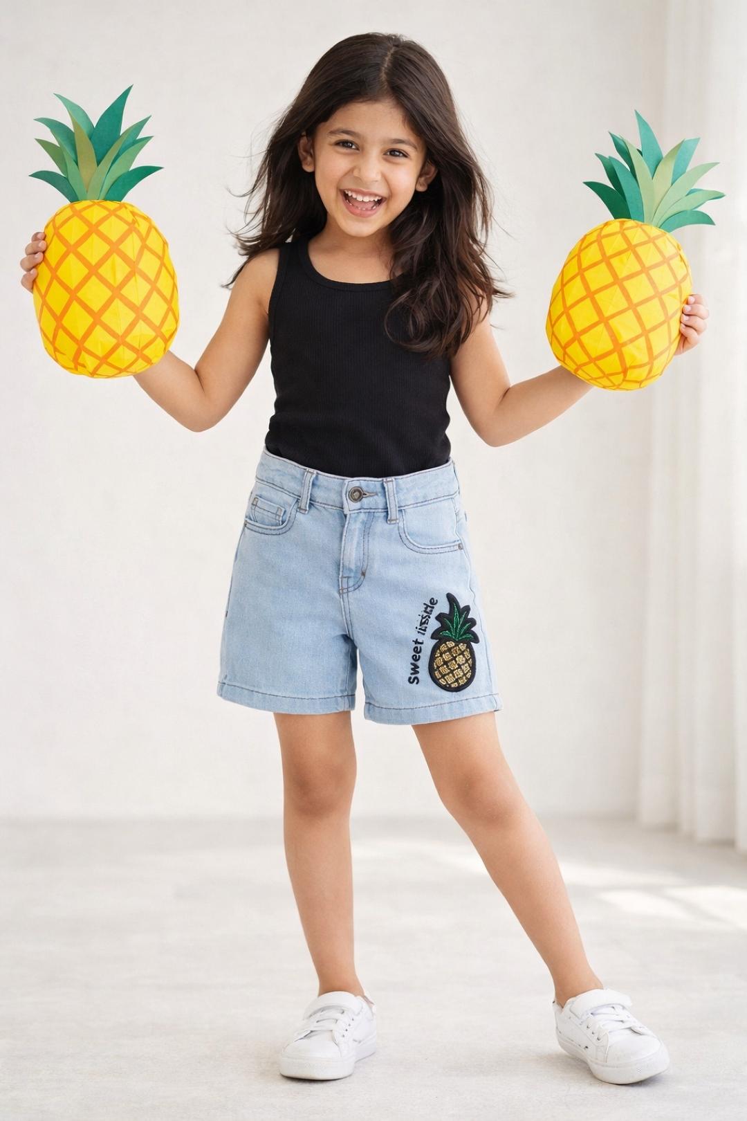 TALES & STORIES Girls Blue Embellished Regular Fit Denim Shorts