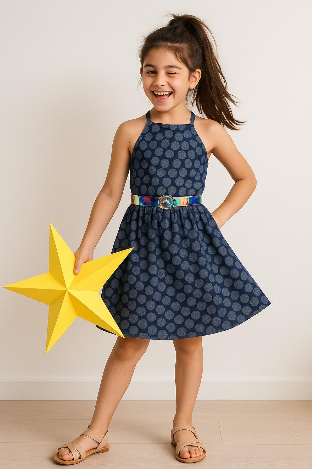 TALES & STORIES Girls Blue Geometric Printed Cotton Fit & Flare Dress