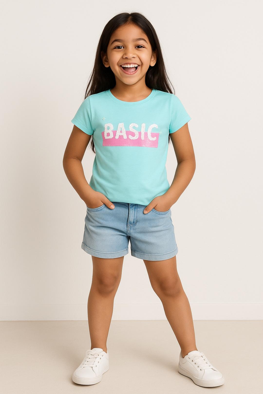 TALES & STORIES Girls Blue & Pink Typography Printed Cotton Slim Fit T-shirt