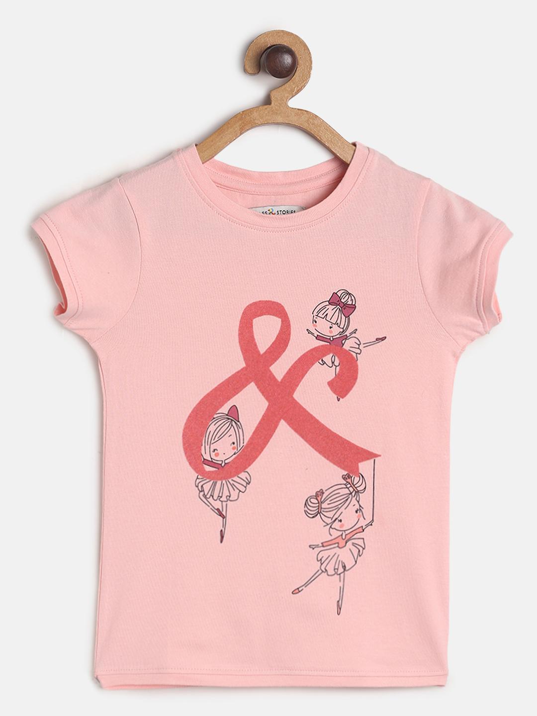 TALES & STORIES Girls Pale Pink Printed Slim Fit Cotton T-shirt