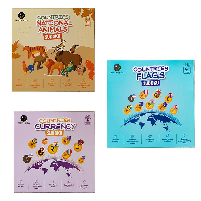 Ilearnngrow Countries Flag, National Animal & Currency Sudoku (Pack Of 3)