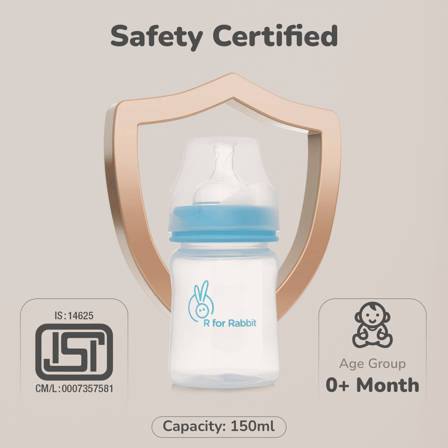 R for Rabbit First Feed 150 ml Baby Feeding PP Bottle with Anti-Colic Wide Neck, BPA Free Soft Silicone Nipple, Milk Feeder for New Born/Infants/Toddler Kids of 0+ Months (Lake Blue)