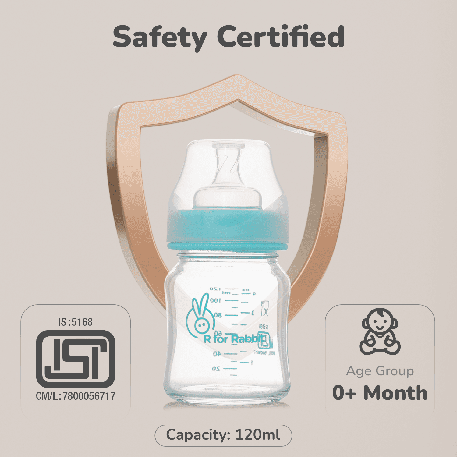 R for Rabbit First Feed Baby Glass Feeding Bottle 120ml with Anti-Colic Wide Neck, BPA Free Soft Silicone Nipple, Milk Feeder for New Born/Infants/Toddler Kids of 6+ Months (Sea Green)