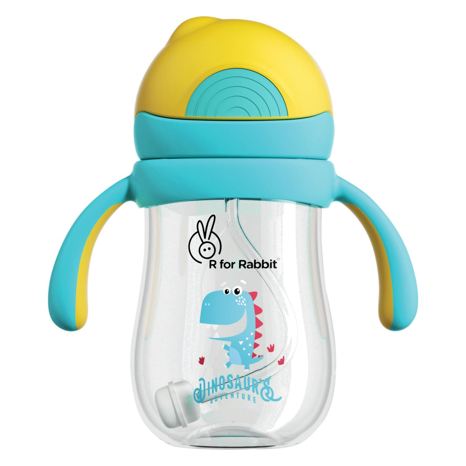 R for Rabbit Tritan Dino 320ml Straw Sipper for Kids | Twin Handle Non Toxic BPA Free Soft Silicone Straw Sippy Bottle | Leak Proof Drinking Sippy Cup for 1+ Year (Yellow Blue)