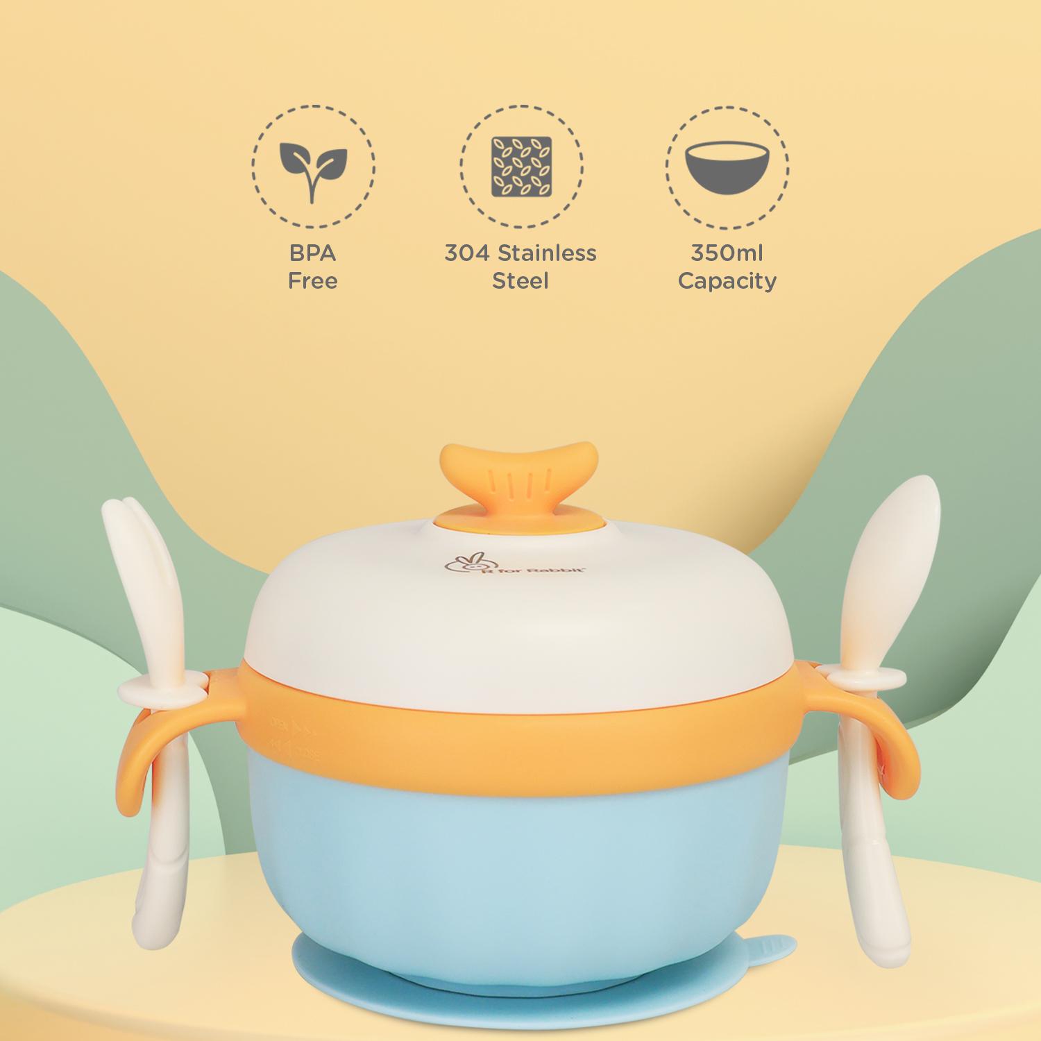 R for Rabbit Safe Feed Storage Baby Feeding Meal Bowl Set with Spoon and Fork for Baby | 304 Stainless Steel Multi-Functional Snack/Fruit Box 350 Gram Capacity (Blue)