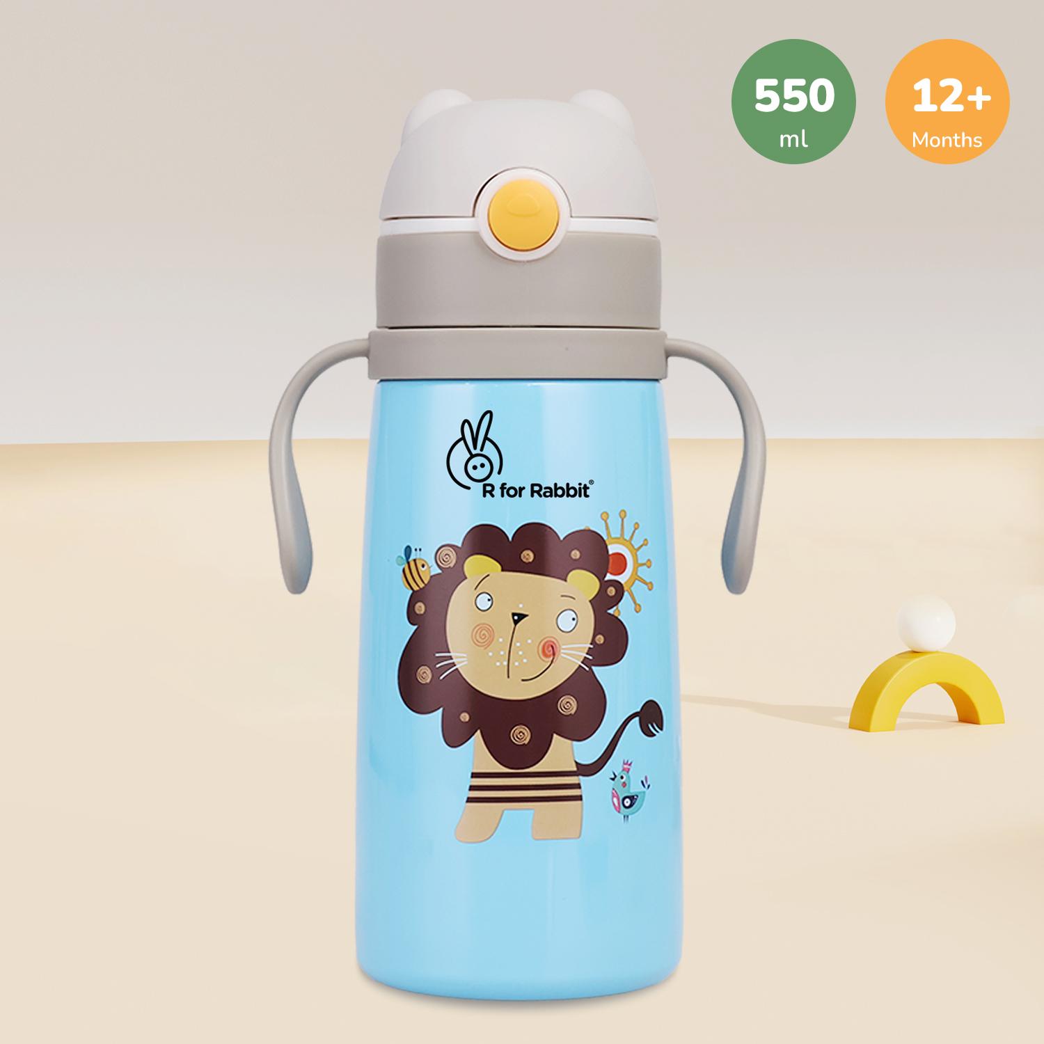 R for Rabbit Steebo Safari Premium Stainless Steel Water Sipper for Kids, Spill Proof BPA Free Soft Silicone Straw Drinking Sipper for Kids (500ml, Blue Lion)