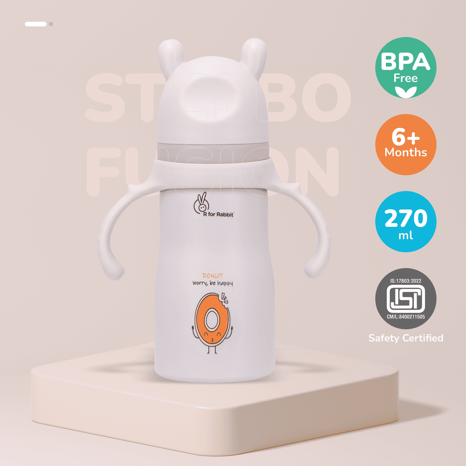 R for Rabbit Steebo Fusion Premium Stainless Steel Spout Cup for Kids, Leak & Spill Proof BPA Free Soft Silicone Straw Drinking Spout Sipper Bottle for Kids Boy & Girl of 12+ Months (270ml, Beige)