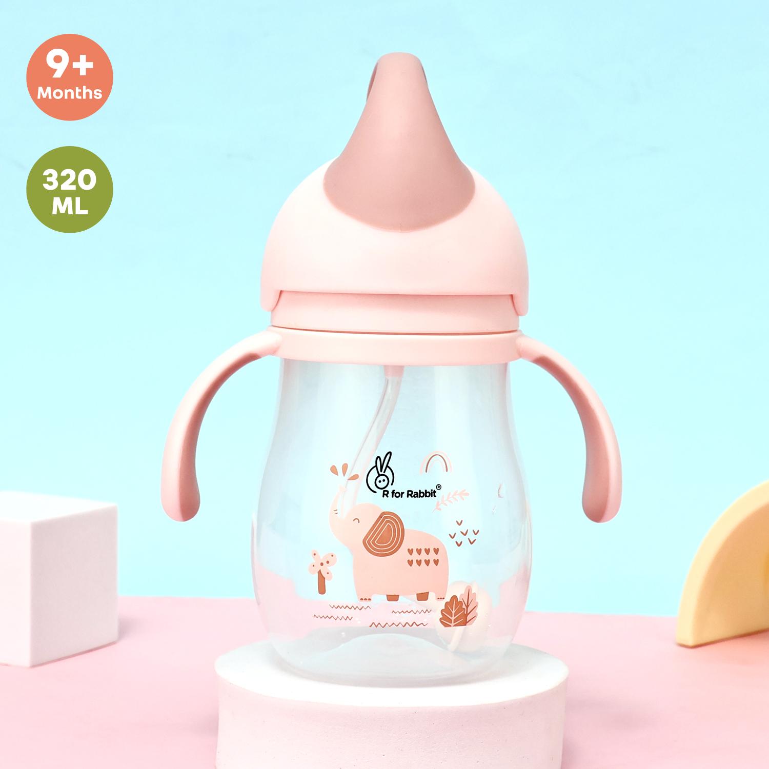 R for Rabbit Trunky Premium Straw Sipper with Anti Gravity Ball | Zero Spill Sippy Cup with Soft Silicone Straw BPA Free & Non Toxic Leak Proof for Kids 12+ Months - (320 ml, Peach Pink)