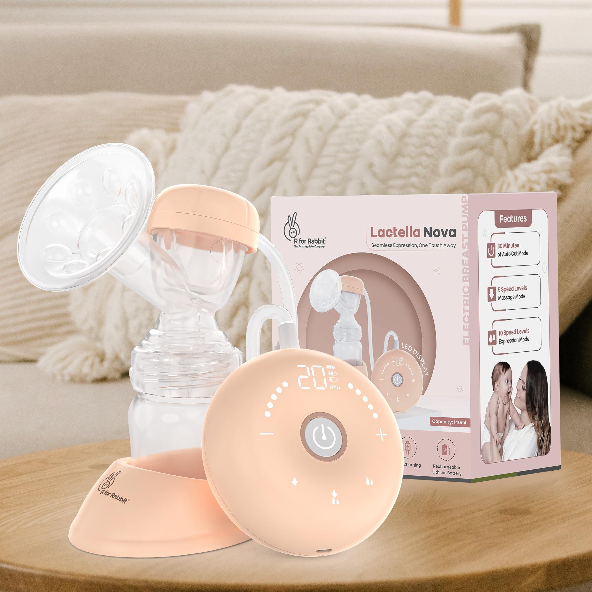 R for Rabbit Lactella Nova Electric Breast Pump with LED Display Auto-Off Dual-Mode Technology Rechargeable Battery Travel Friendly Silica Gel Pad Milk Pump for Breastfeeding Mothers(Peach)