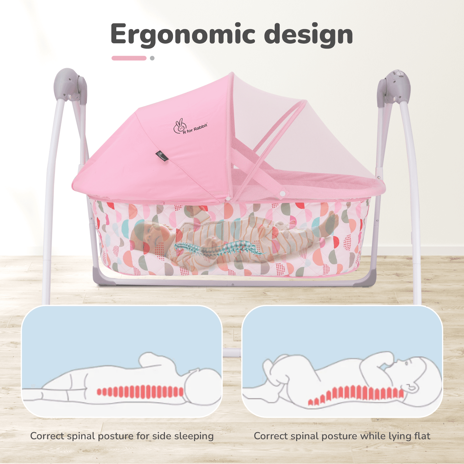 R for Rabbit Lullabies Baby Cradle Automatic Swing with 5 Point Safety Harness, Remote Control, Mosquito Net, Smart Timer, Soothing Music for New Born Kids Age 0-2 Years Weight Up to 12 Kg (Pink)