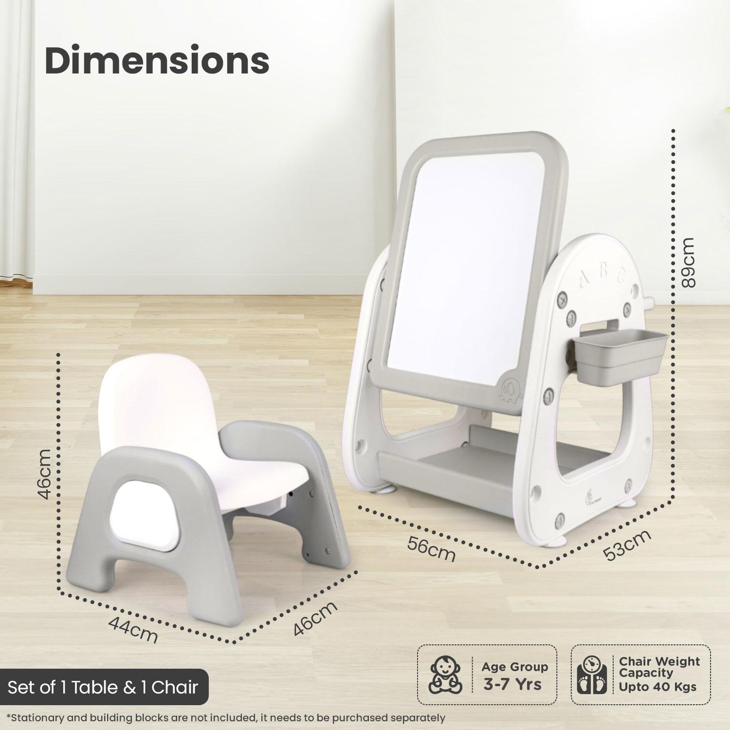 R for Rabbit Little Genius Picasso Kids Study Table Set with Chair, 3 in 1 Multipurpose Activity Table Set for 3-7 Years Kids, Upto 40kgs Weight Capacity (White Grey)