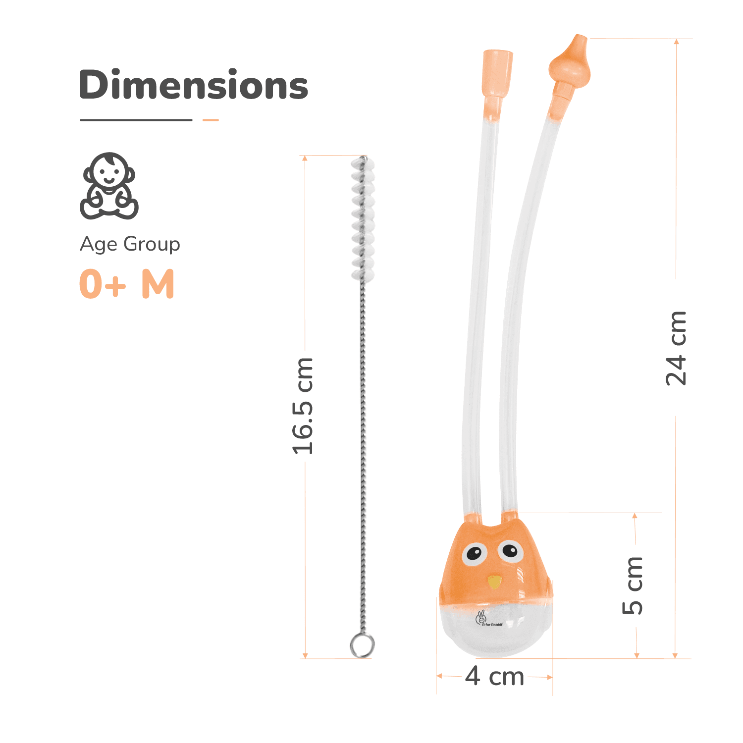 R for Rabbit Snowy Baby Nasal Aspirator, Nose Cleaner for Babies (0 to 5 Years) BPA Free Soft Silicone, Infants Snotsucker, Cold Relief, Easy to Clean, Travel Friendly (Orange)