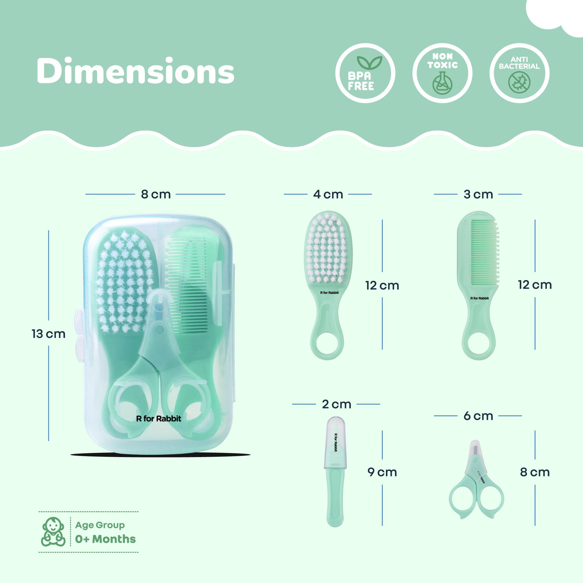 R for Rabbit Stylo Totcare Set Baby Grooming Kit for New Born Baby 4-in-1 Kids Set Hairbrush, Comb, Scissors & Tweezers Travel-Friendly Age 0+ Months (Sea Green)