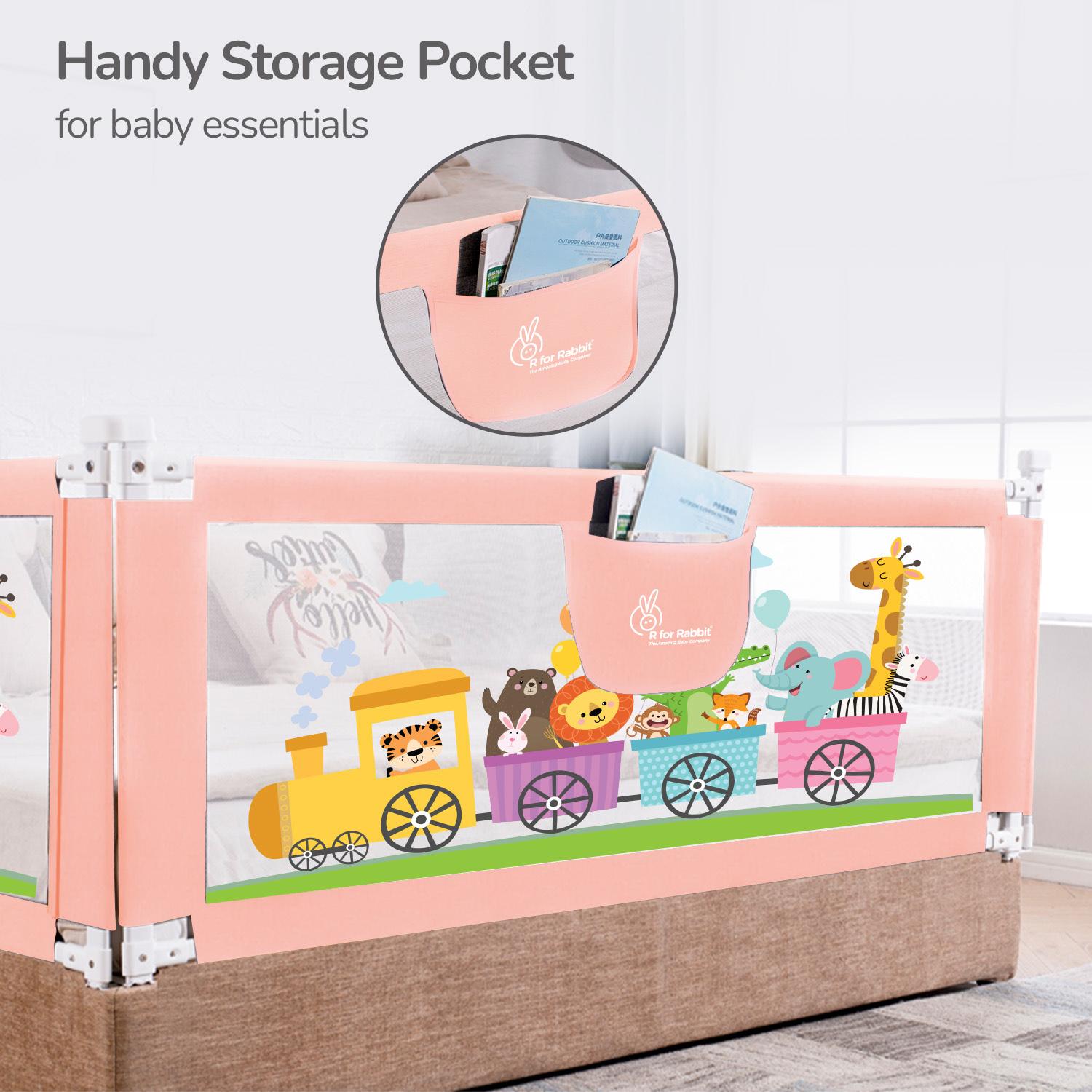 R for Rabbit Safari Baby Bed Rail Breathable Mesh with Storage Pocket Adjustable Height Foldable One Side Bed Protector 6.5ft for Kids Toddler Pack of 1 (Pink)