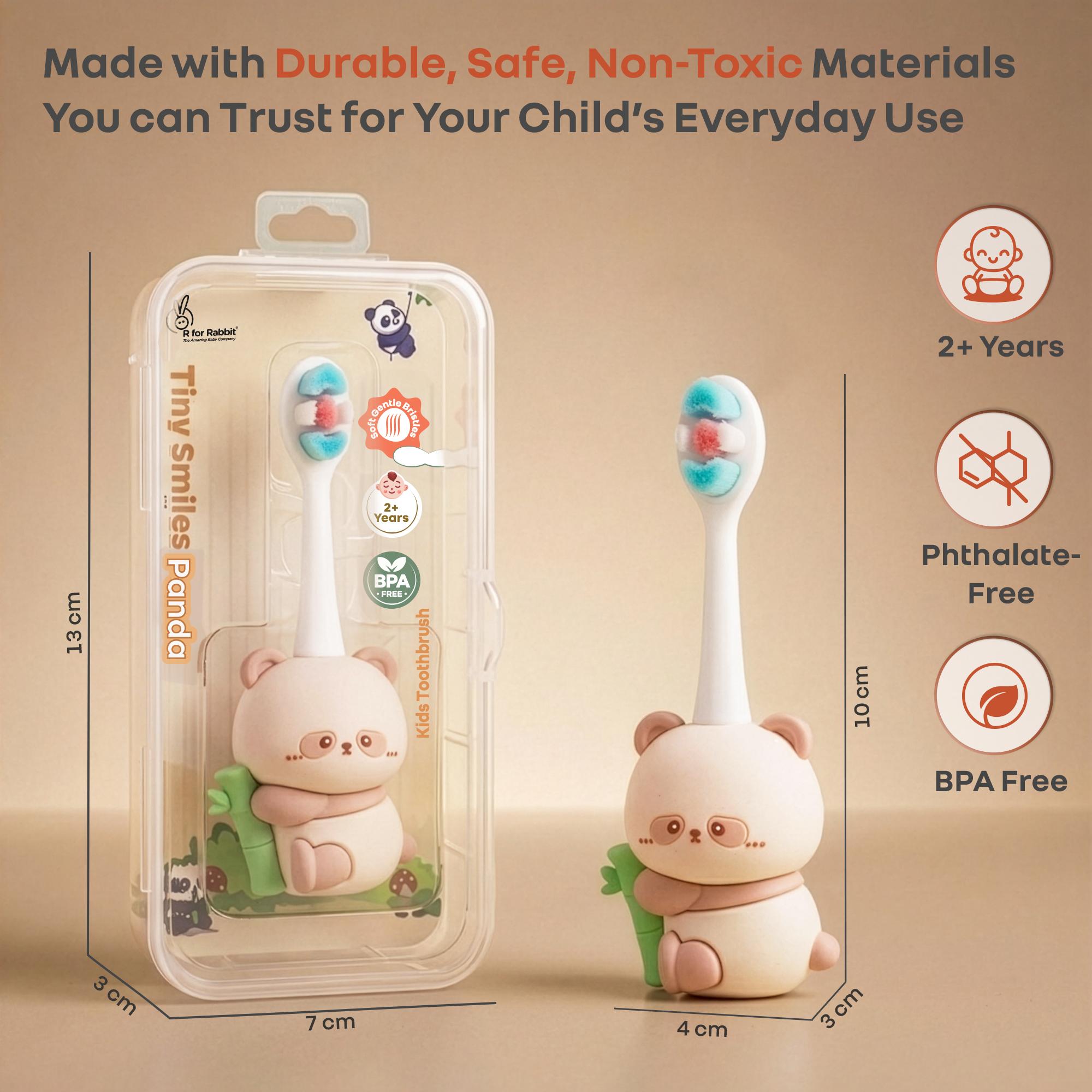R for Rabbit Tiny Smiles Panda Kids Toothbrush with Travel Case for Toddlers & Babies 2+ Years | Ultra Soft PBT Bristles, Gentle on Gums | Cute 3D Self-Standing Easy Grip Handle | BPA Free (Beige)