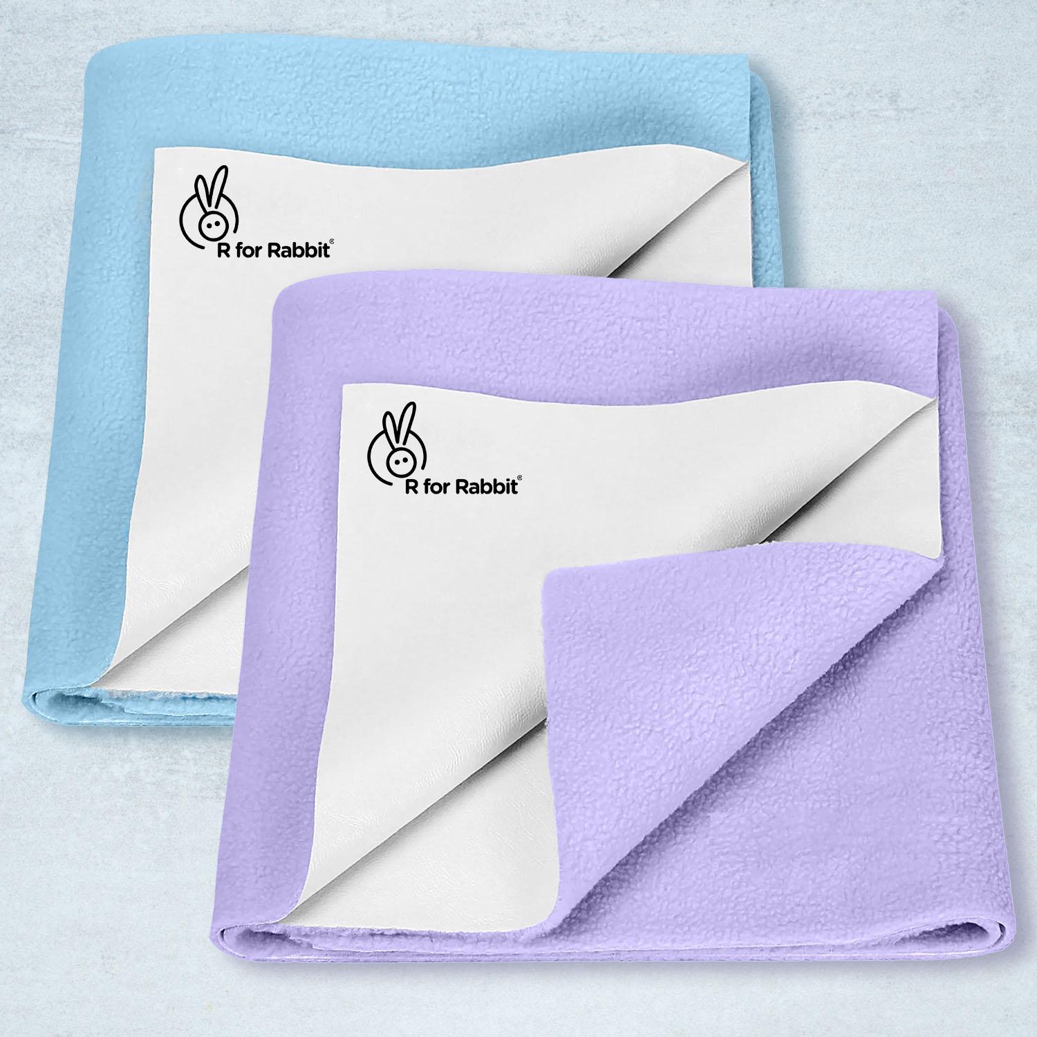 R for Rabbit Waterproof Quick Dry Sheet Bliss for Baby | Anti-Piling Fleece Breatheable Fabric Extra Absorbent Instant Dry Baby Bed/Cot Protector Mat (Size-M,Blue-Purple,Pack of 2)
