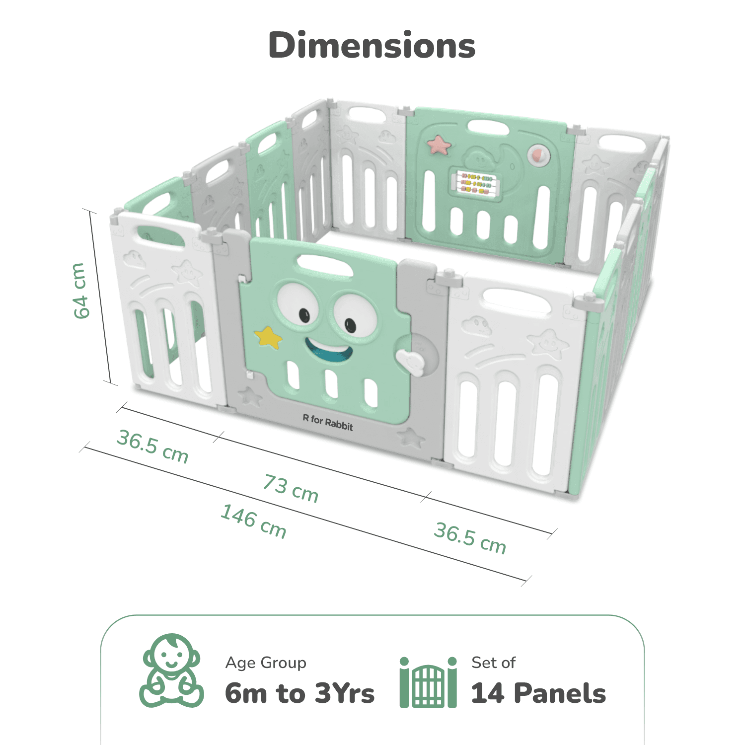R for Rabbit Joyland Playard Playpen for Kids 14 Panel Play Yard with Compact Fold, Customizable Shape, 22.6 sqft Area Safe & Fun Play Fence Space with Door for 6-36 Month Babies (Green White)